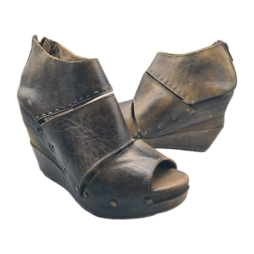 Bed Stu Open Toes shoes brown distressed leather Booties wedge back zip Sz 8